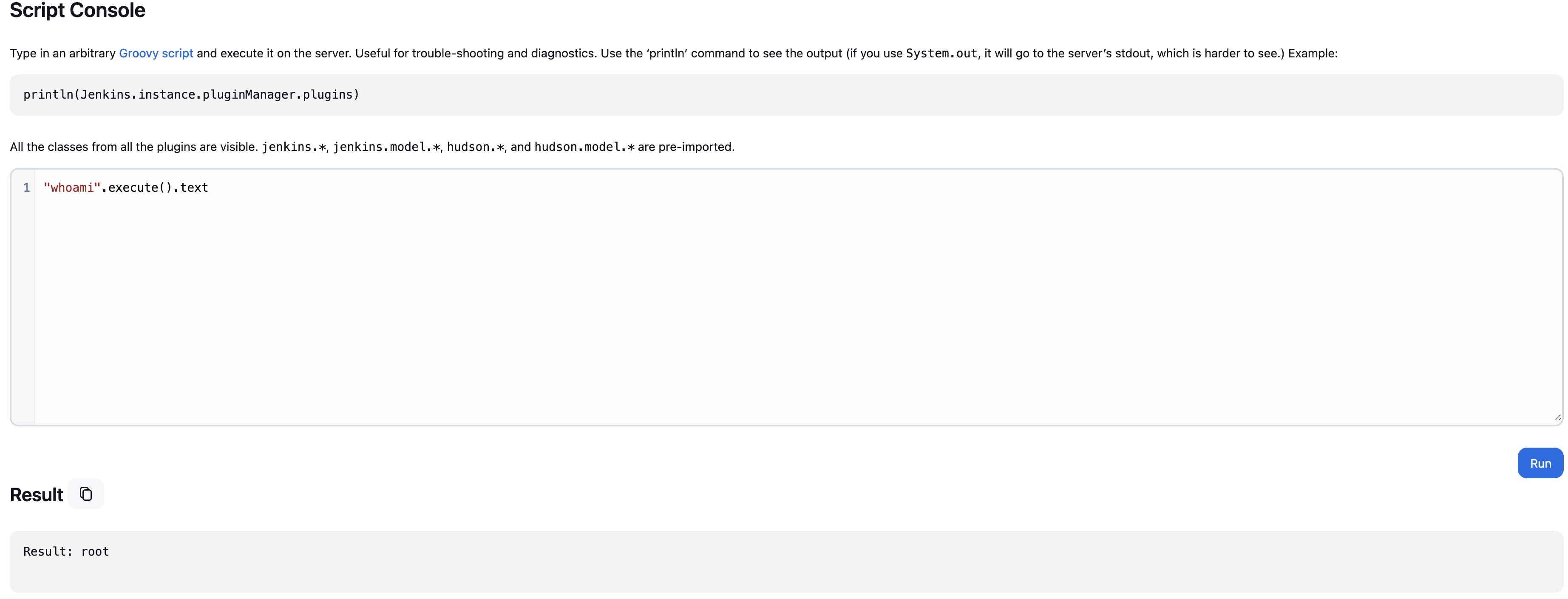 Command execution through Jenkins script console