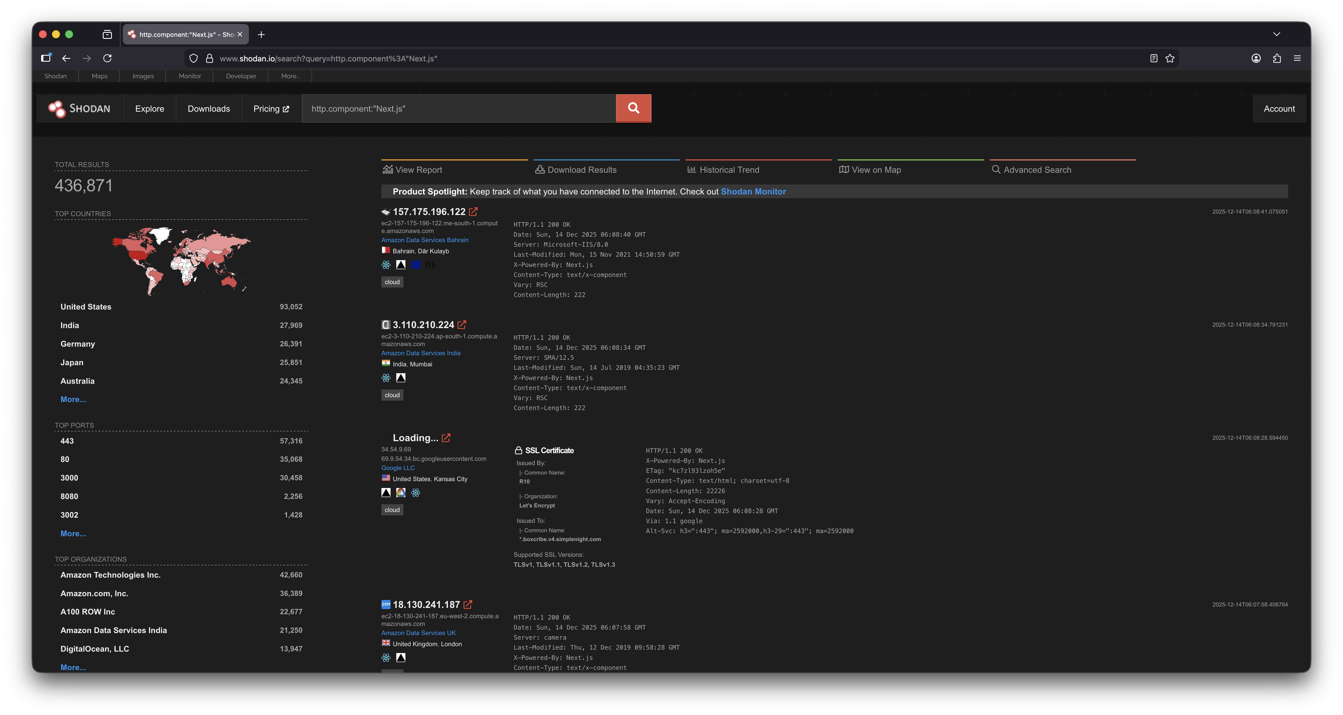 Shodan search results for vulnerable Next.js instances
